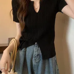 StyleCast Girls Black Vertical Stripes Notch Neck Top-image-28