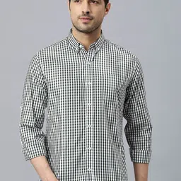 HERE&NOW Olive Green Classic Slim Fit Gingham Checked Button-Down Collar Pure Cotton Shirt-image-23