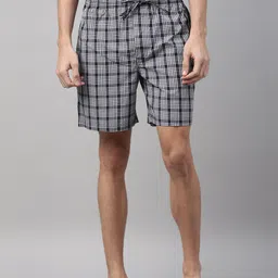 Joven Men Blue & White Checked Cotton Lounge Shorts-image-7