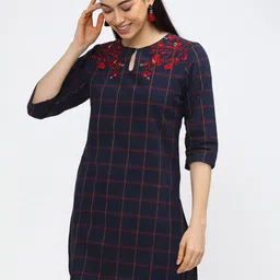 Vishudh Navy Blue & Red Checked Embroidered Cotton Tunic-image-44
