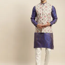 SOJANYA Men Blue Ethnic Motifs Kurta with Churidar & Nehru Jacket-picture-34