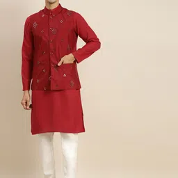 SOJANYA Men Red Mirror Work Pure Cotton Kurta with Churidar & Nehru Jacket-picture-18