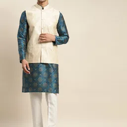 SOJANYA Men Teal Blue Ethnic Motifs Printed Kurta & Churidar Comes with a Nehru Jacket-picture-43