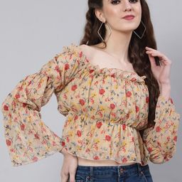 AKIMIA Floral Printed Off-Shoulder Bell Sleeve Cinched Waist Crop Top-picture-7