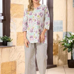 NIGHT FLOSS Printed Round Neck Three-Quarter Sleeves Pure Cotton Top With Palazzo-image-94
