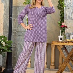 NIGHT FLOSS Printed Round Neck Three-Quarter Sleeves Pure Cotton Top With Palazzo-96