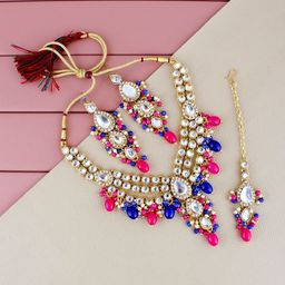 LUCKY JEWELLERY Gold-Plated Kundan-Studded & Beaded Jewellery Set-image-99