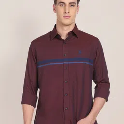 U S Polo Assn Men Burgundy Horizontal Striped Tailored Fit Pure Cotton Casual Shirt-image-52