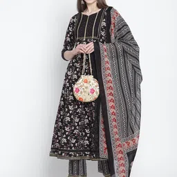 Rajnandini Women Black Ethnic Motifs Printed Gotta Patti Pure Cotton Kurta with Palazzos & With Dupatta-image-7