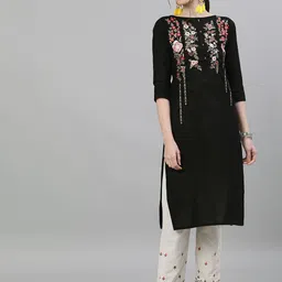 Ishin Women Black Floral Embroidered Regular Thread Work Pure Cotton Kurta with Trousers-54