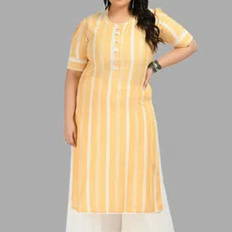 PrettyPlus by Desinoor.com Women Plus Size Yellow Striped Pure Cotton Kurta & Palazzos-image-50