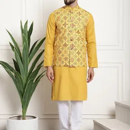 SOJANYA Band Collar Pure Cotton Kurta With Churidar & Printed Nehru Jacket-21