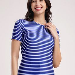 FableStreet Women Striped V-Neck Drop-Shoulder Sleeves Pure Cotton Pockets T-shirt-image-87