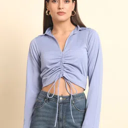 Trend Arrest Shirt Collar Gathered Crop Top-picture-13