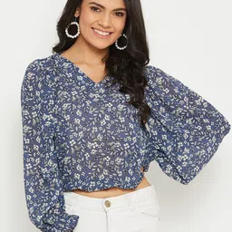 PANIT Blue Floral Print V-Neck Crop Top-image-86
