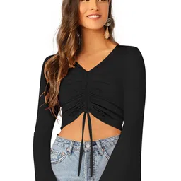 SANJANA SILK V-Neck Bell Sleeve Ruched Crop Top-image-60