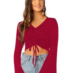 SANJANA SILK V-Neck Bell Sleeve Ruched Fitted Crop Top-image-78