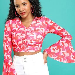 Tokyo Talkies Pink Conversational Printed V-Neck Bell Sleeves Fitted Crop Top-picture-18