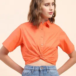 CAMLA Shirt Collar Short Sleeves Style Cotton Twisted Crop Top-image-4