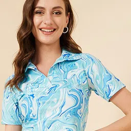 RARE Blue Abstract Printed Shirt Collar Fitted Crop Top-image-80