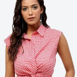 Baawri Checked Sleeveless Pure Cotton Shirt Style Crop Top-picture-18