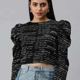 SHOWOFF Women Black Printed Crepe Crop Top-picture-35