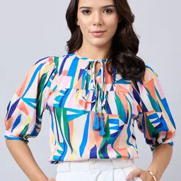 Style Quotient Print Tie-Up Neck Puff Sleeve Crop Top-image-97