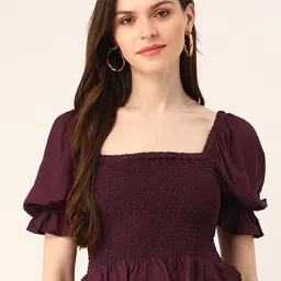 Trend Arrest Burgundy Smocked Detailed Square Neck Puff Sleeve Fitted Top-image-4