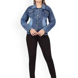 Aarika Girls Blue Washed Colourblocked Lightweight Longline Denim Jacket with Embroidered-image-34