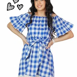 Dress My Angel Girls Blue Checked Off-Shoulder A-Line Cotton Dresses-image-42
