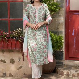Sangria Printed Pure Cotton Straight Kurta With Trouser & Dupatta-52