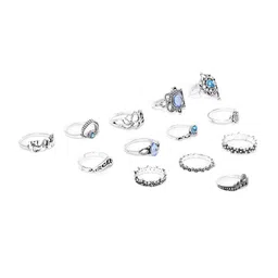 Jewels Galaxy Set Of 13 Silver-Plated Stone Studded Stackable Oxidised Finger Rings-15
