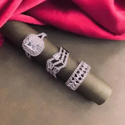 ATIBELLE Set of 3 Rhodium-Plated Cubic Zirconia-Studded Adjustable Finger Rings-24