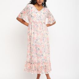 Bitterlime Floral Printed V-Neck Flared Sleeves Flounce Fit & Flare Midi Dress-image-37