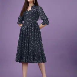 Fashion2wear Floral Print Keyhole Neck Bell Sleeve Georgette Fit & Flare Midi Dress-image-92