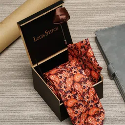 LOUIS STITCH Men Orange Italian Silk Printed Formal Tie Gift Set-21
