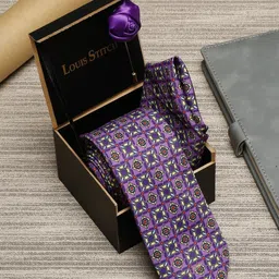 LOUIS STITCH Men Purple Printed Italian Silk Formal Tie Gift Set-33