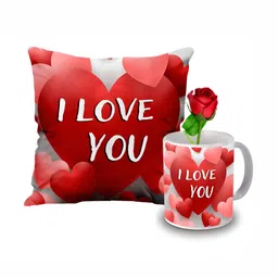 ME & YOU Red & White 3 Pieces Printed Cushion With Rose & Mug Home Gift Set-image-77