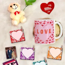 Indigifts 9 Pcs Red Valentine Coffee Mug and Photo Clip Rose Greeting Card and Teddy-image-35