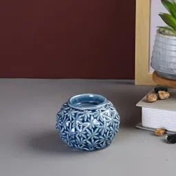 Aura Blue Textured Ceramic Candle Holder-image-86