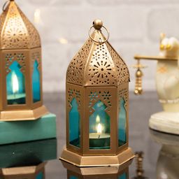 Homesake Set Of 2 Gold-Toned & Blue Antique Moroccan Lantern Candle Holders-image-7