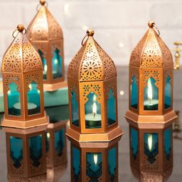 Homesake Blue Set Of 4 Blue Solid Antique Copper Finish Moroccan Lantern Candle Holders-32