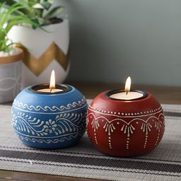 Aura Red & Blue 2 Pieces Printed Wooden Candle Holders-12