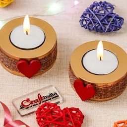 eCraftIndia Brown & Red 2 Pieces Round Heart Wooden Tea Light Candle Holders-image-51