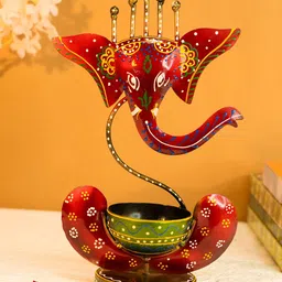 Ekhasa Red Metal Handpainted Ganesh Tealight Candle Holder-image-25