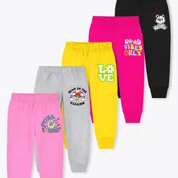 YK X Trampoline Girls Pack Of 5 Printed Cotton Mid Rise Joggers-35