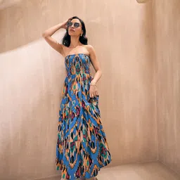 Pink Paprika by SASSAFRAS Ikat Printed Strapless Smocked Tube Fit & Flare Maxi Dress-picture-32