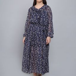 Baawri Floral Printed Puff Sleeve Ruffled Fit and Flare Dress-image-35