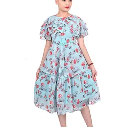 BAESD Girls Floral Printed Cape Sleeves Layered Tiered Georgette Fit & Flare Midi Dress-image-22