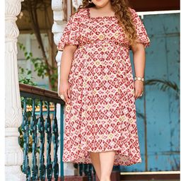 PrettyPlus by Desinoor.com Plus Size Floral Printed Flutter Sleeve A-Line Midi Dress-36